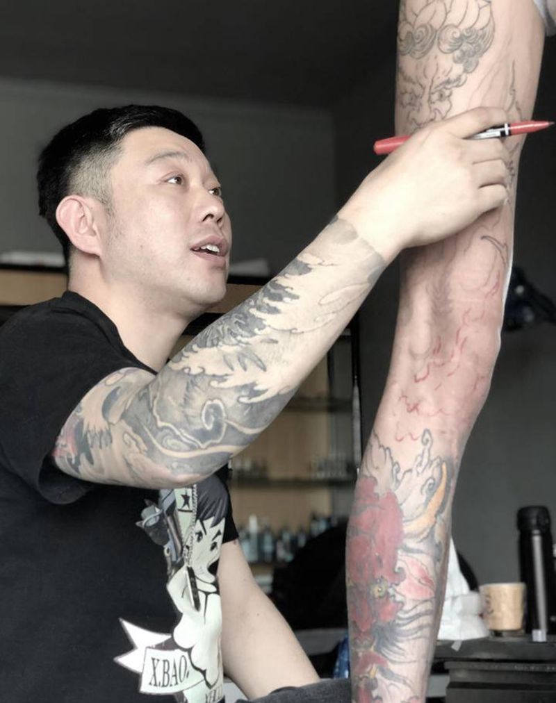 新传统花腿设计纹身图片_腿部新传统纹身图案