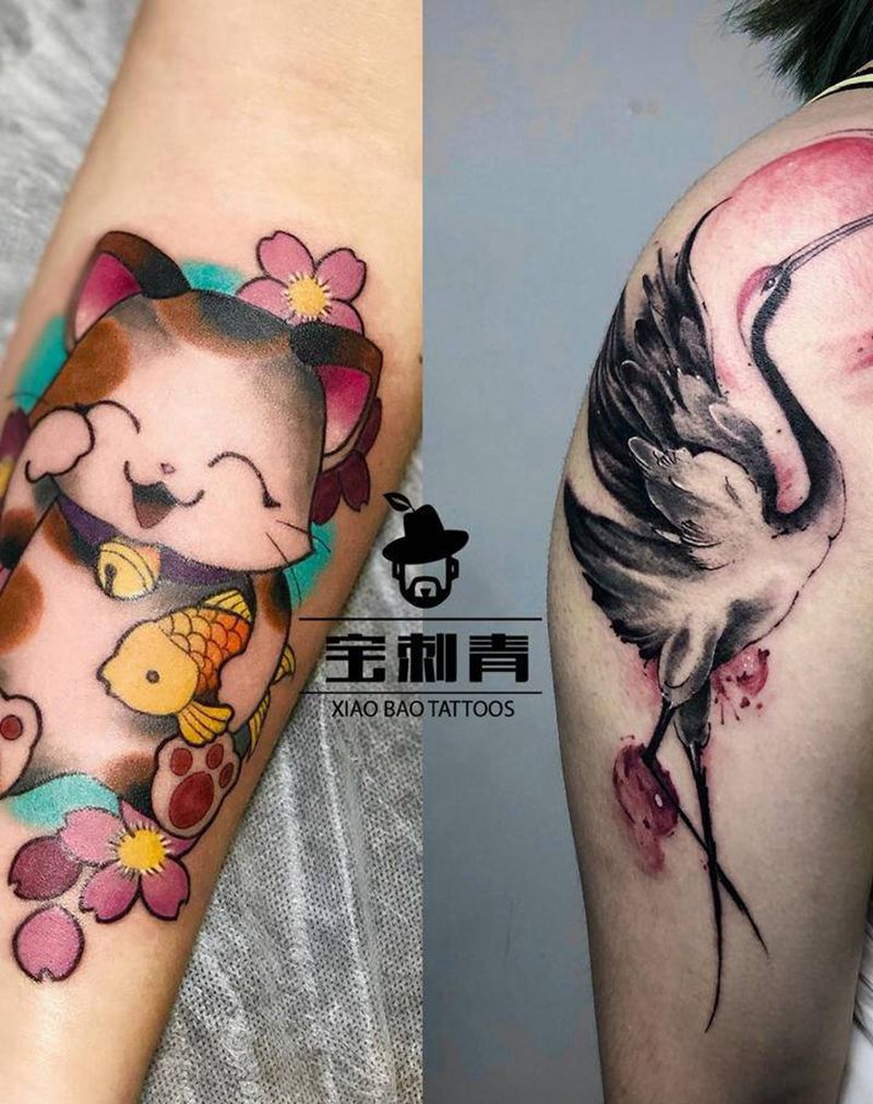 招财猫仙鹤纹身图片_手臂水墨Old School纹身图案