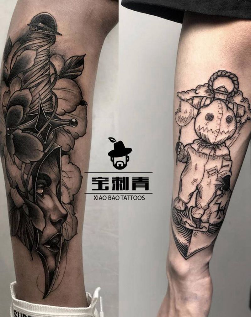 匕首➡️布偶纹身图片_腿部New School纹身图案