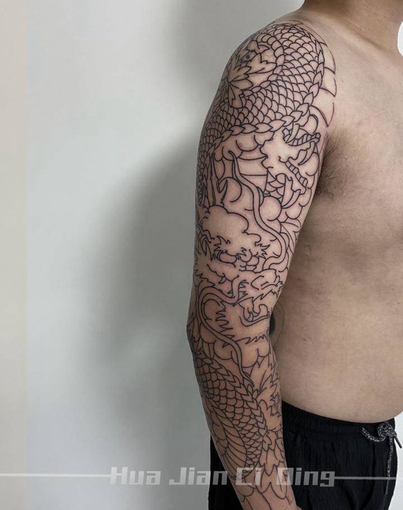 花臂龙线纹身图片_老传统纹身图案