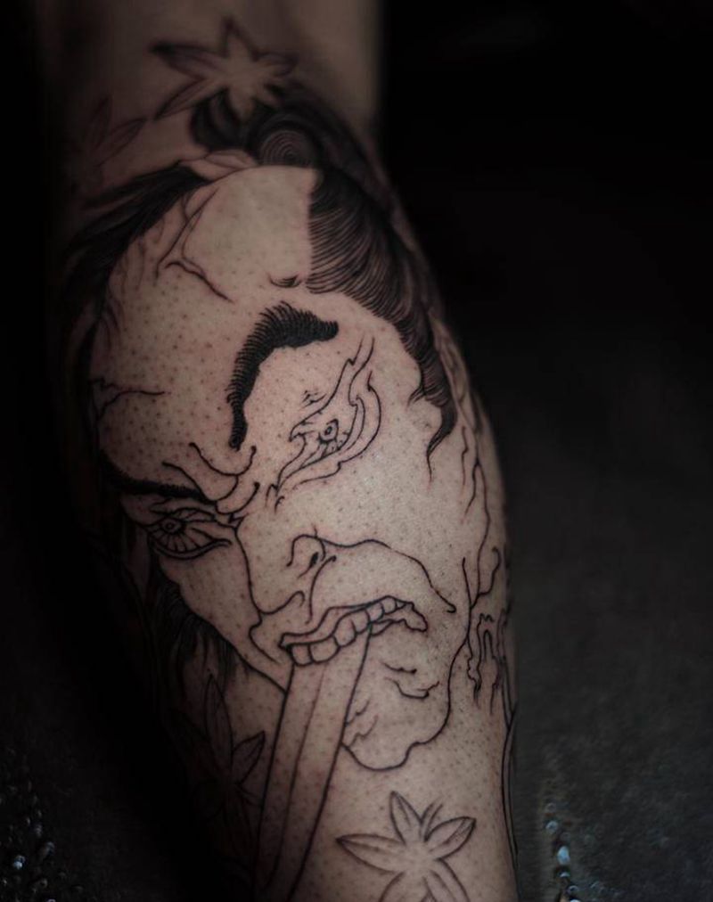 小腿传统未完纹身图片_腿部老传统新传统纹身图案