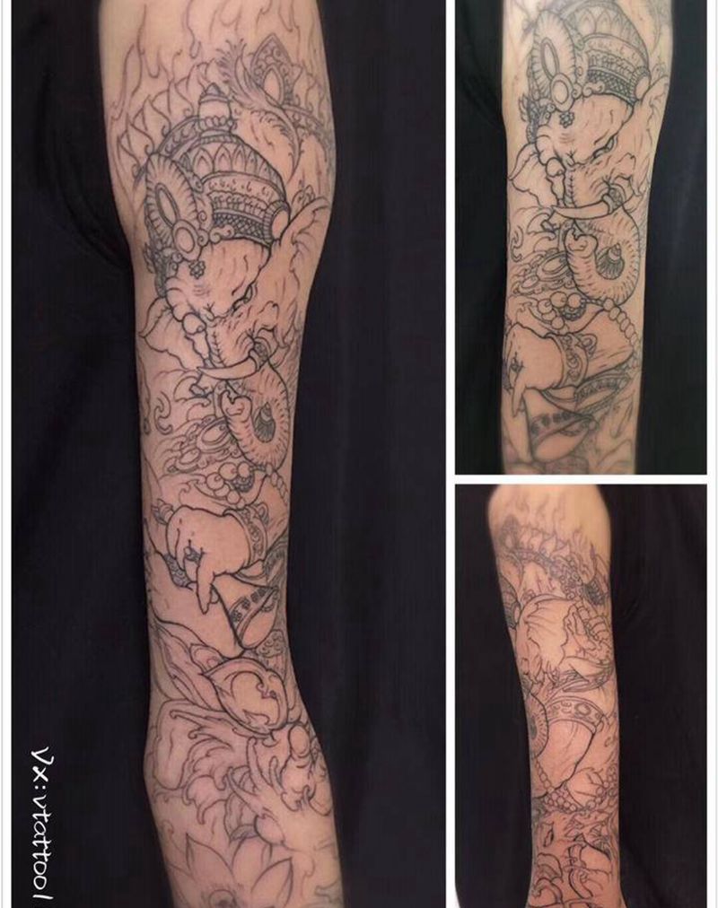 花臂象神纹身图片_手臂新传统纹身图案