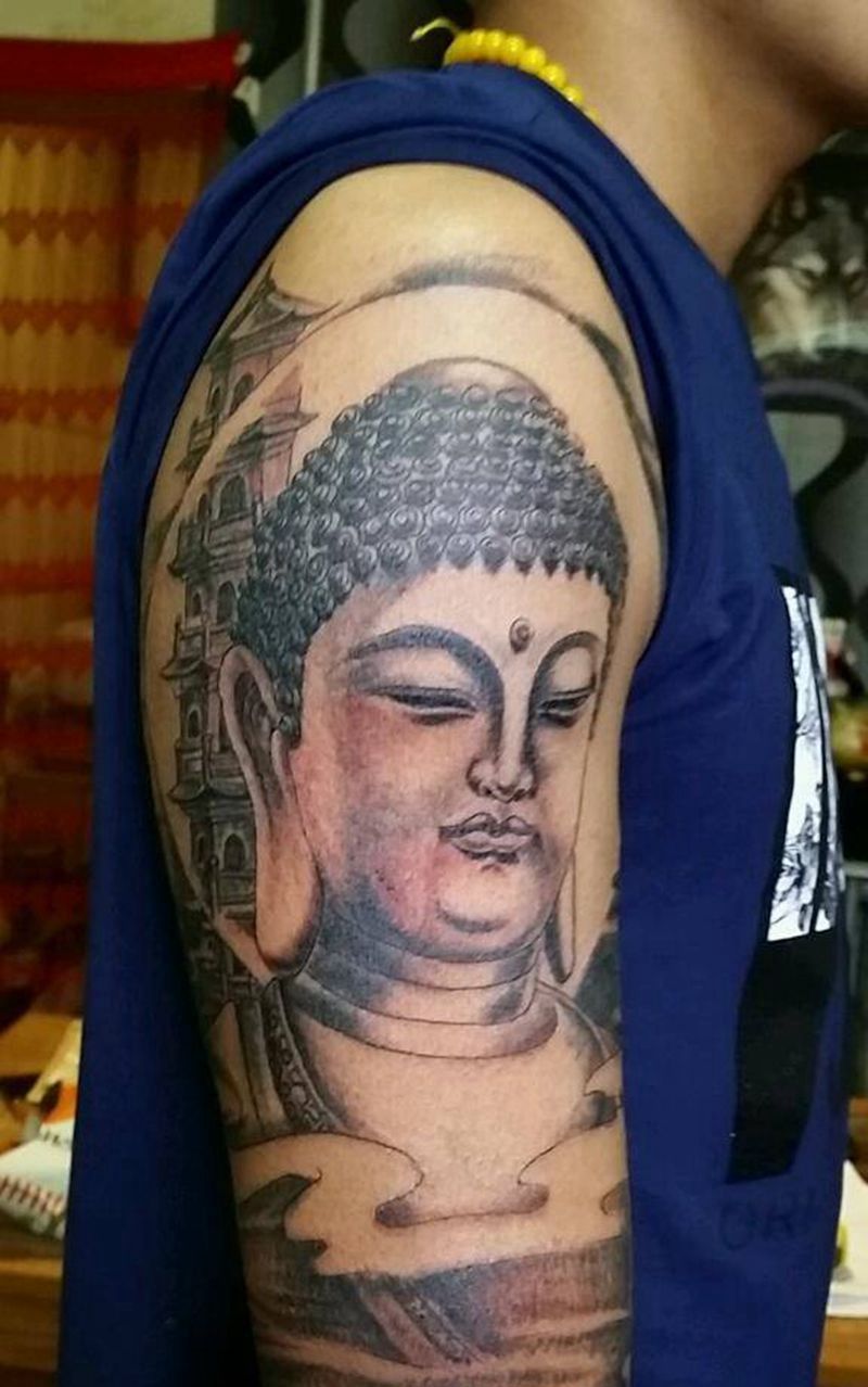 佛头花臂纹身图片_肩部手臂手部传统鬼神成品纹身图案