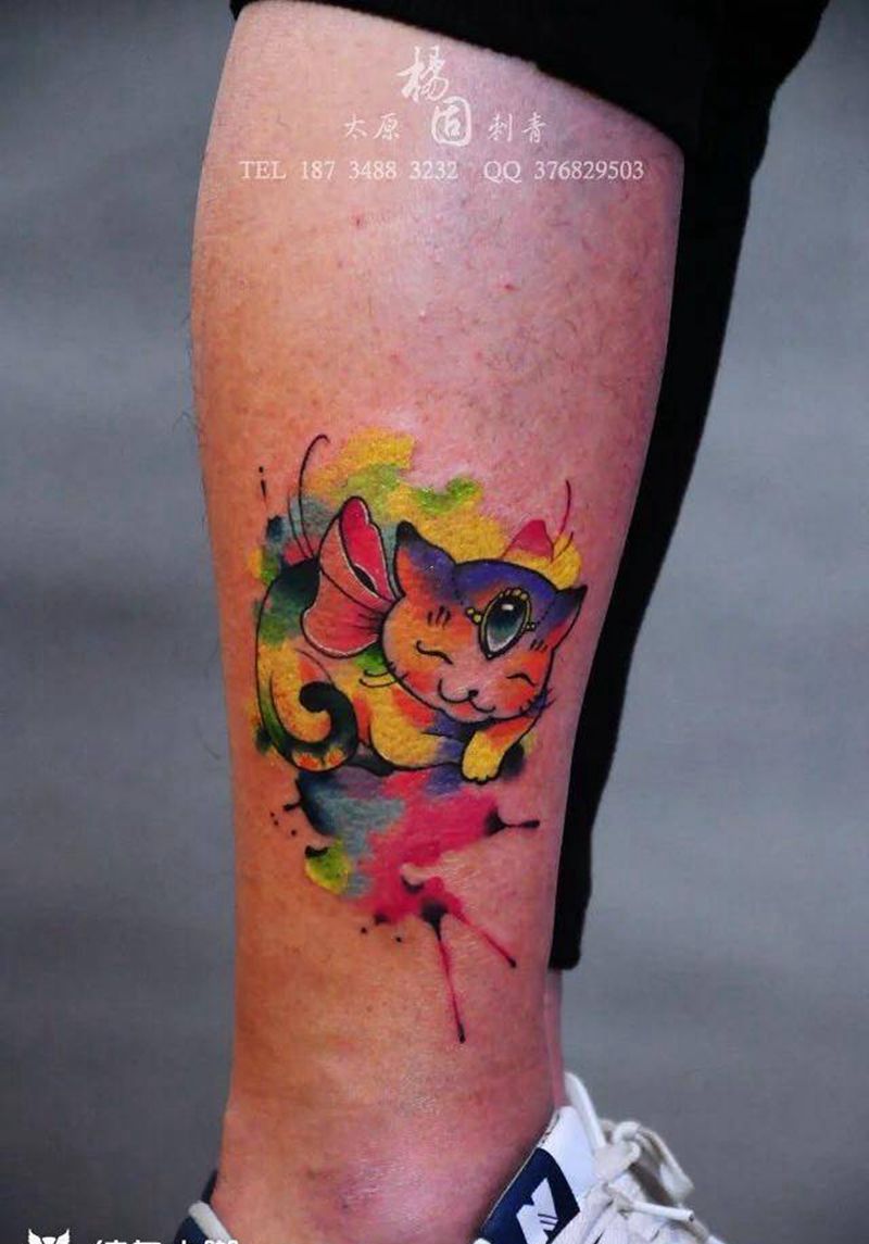 猫咪纹身图片_成品腿部手臂欧美清新动物贴纸纹身图案