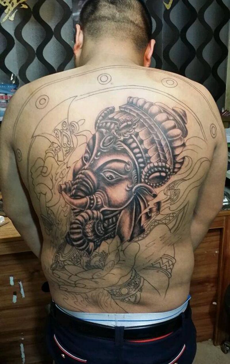 象神未完成纹身图片_背部手臂腿部纹身图案