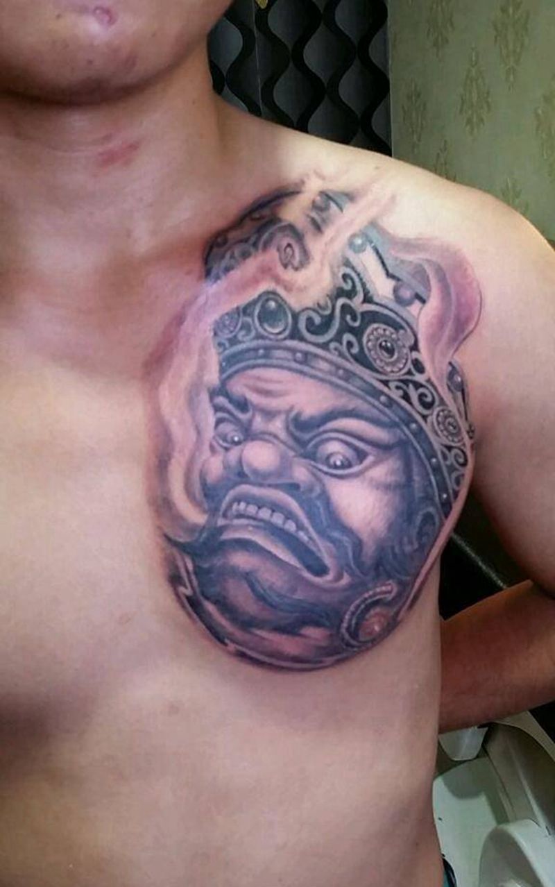 四大天王之一纹身图片_胸部传统人物鬼神成品纹身图案