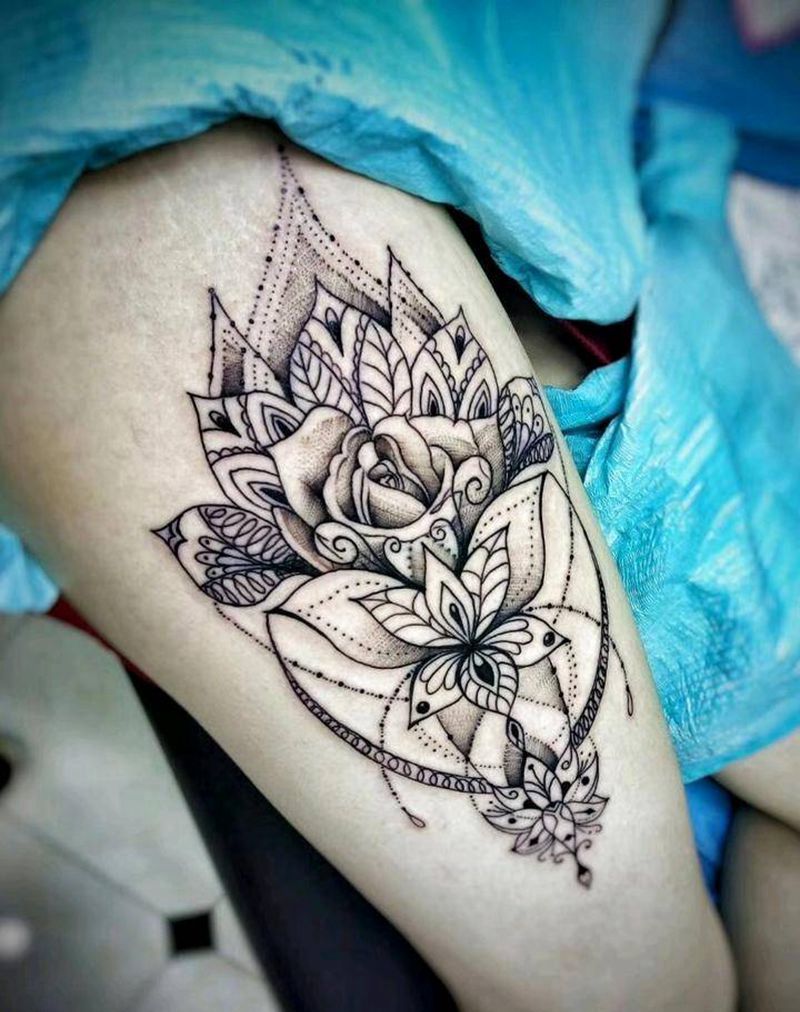 繁花儿纹身图片_腿部脚部点刺水彩纹身图案