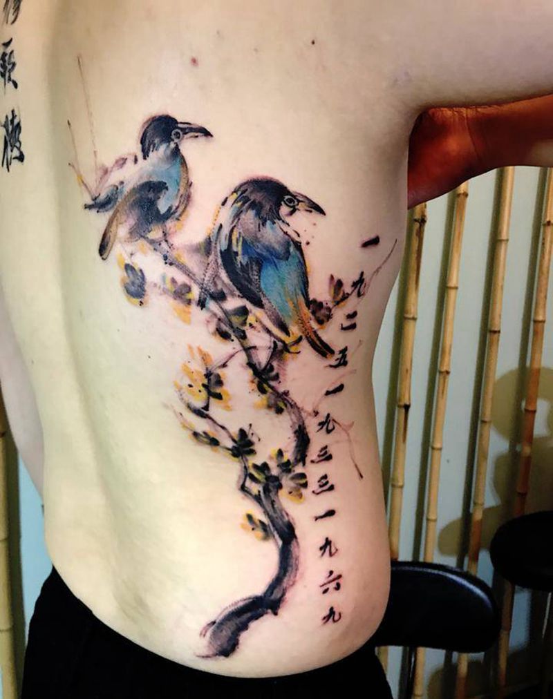 桂花 喜鹊纹身图片_成品背部腰部习俗国画清新动物纹身图案