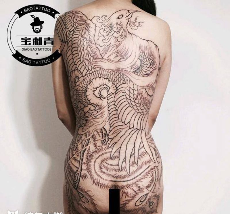 满背彩凤凰 割线完成 上色待续纹身图片_背部传统原创凤凰手稿纹身图案