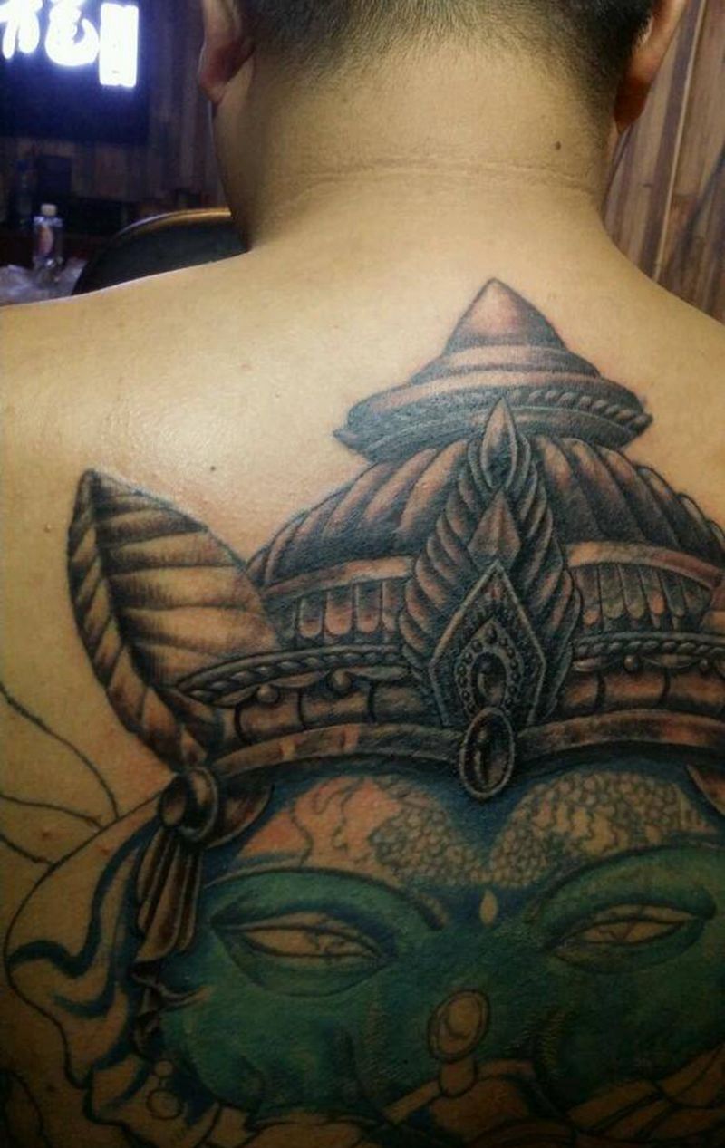 象神纹身图片_背部传统动物鬼神宗教手稿插画纹身图案