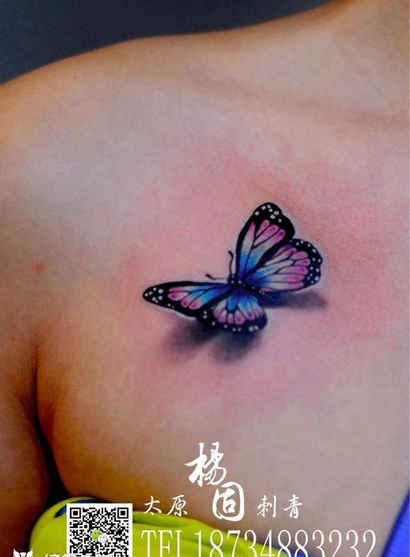 蝴蝶纹身图片_成品胸部欧美清新写实动物贴纸纹身图案