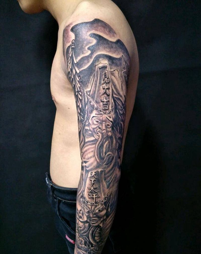 黑白无常花臂纹身图片_肩部手臂手部传统鬼神成品手稿纹身图案