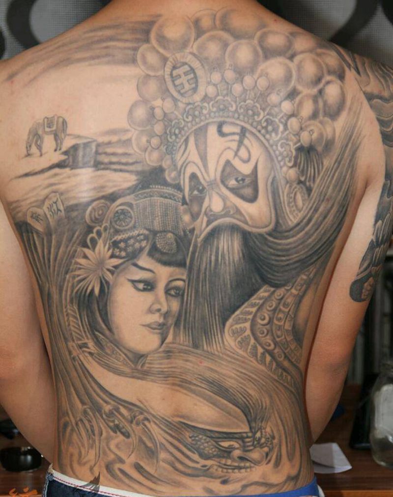 霸王别姬纹身图片_背部传统习俗肖像写实国画人物宗教纹身图案