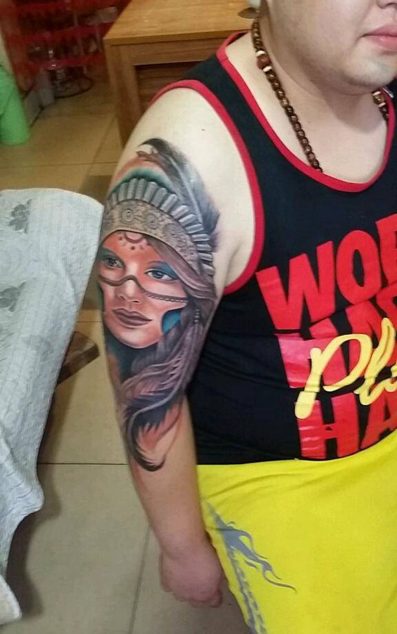 印第安美女！纹身图片_肩部手臂腿部传统肖像人物成品纹身图案