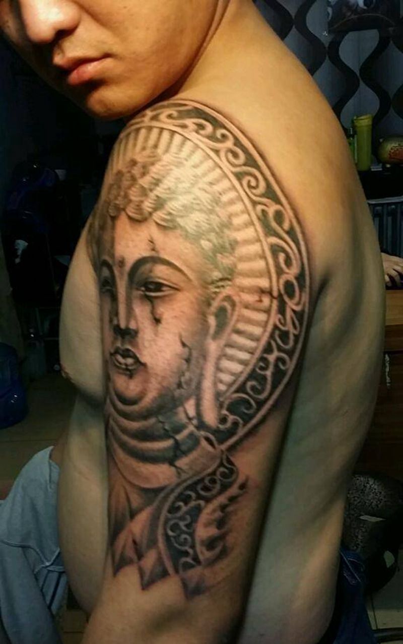 石雕佛纹身图片_肩部胸部背部手臂腿部传统肖像鬼神宗教成品纹身图案