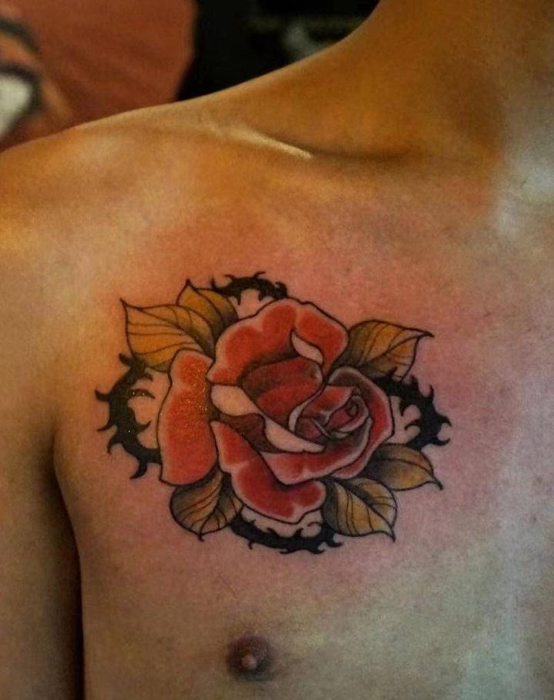 玫瑰纹身图片_胸部New School玫瑰纹身图案