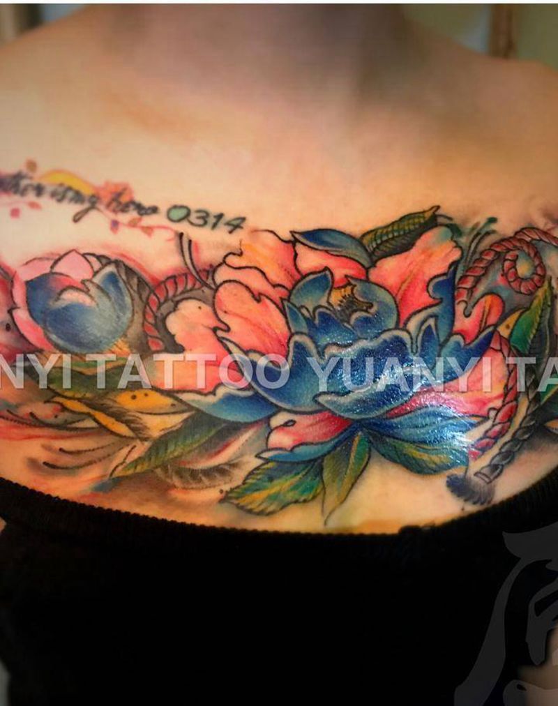 花胸莲花彩色纹身图片_成品胸部传统国画清新习俗静物植物纹身图案