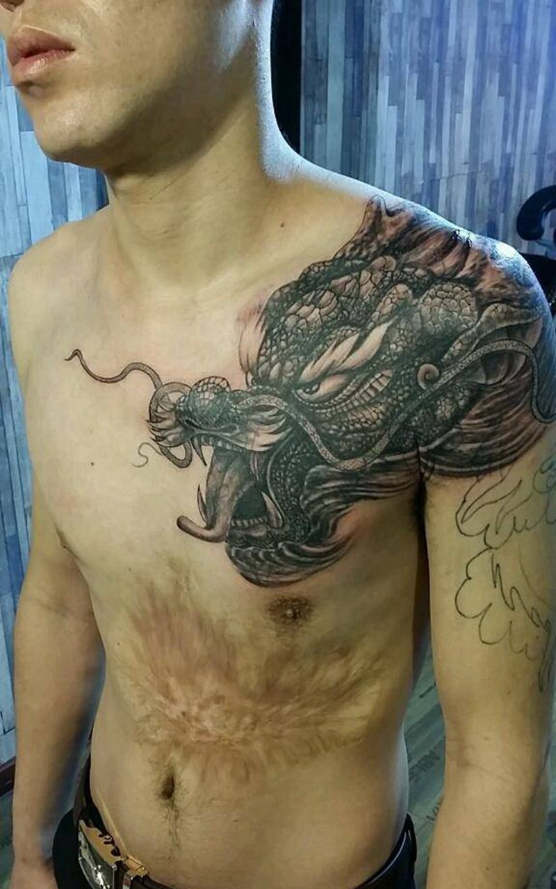 遮盖过肩龙纹身图片_肩部胸部手臂传统动物原创成品手稿纹身图案