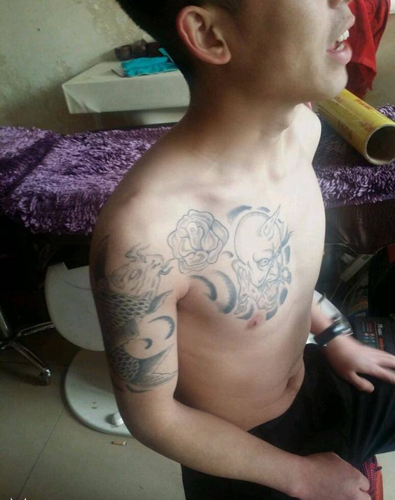 修改失败半甲纹身纹身图片_肩部胸部手臂传统动物植物静物鬼神原创成品纹身图案