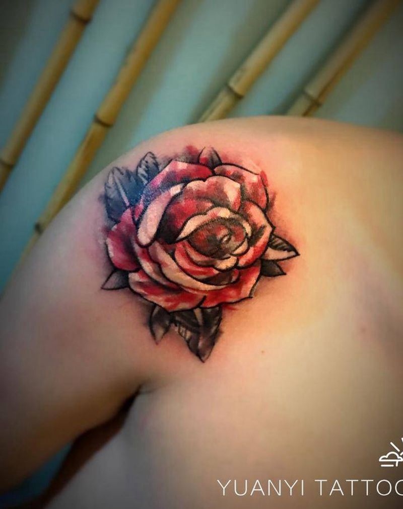 玫瑰纹身图片_成品胸部国画清新植物纹身图案