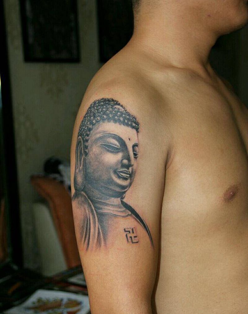 大日如来佛纹身图片_肩部手臂传统习俗肖像写实国画鬼神宗教原创纹身图案