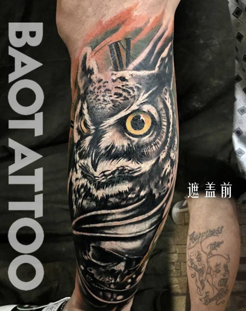 猫头鹰纹身图片_成品手稿腿部欧美写实原创动物纹身图案