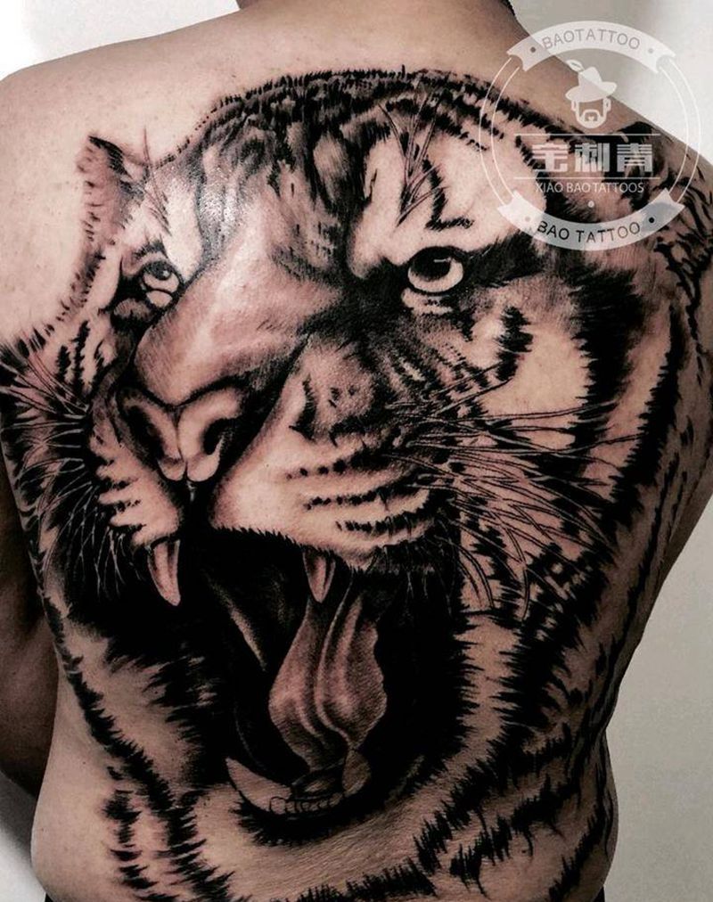 写实老虎头未完成纹身图片_背部写实动物原创虎头老虎纹身图案