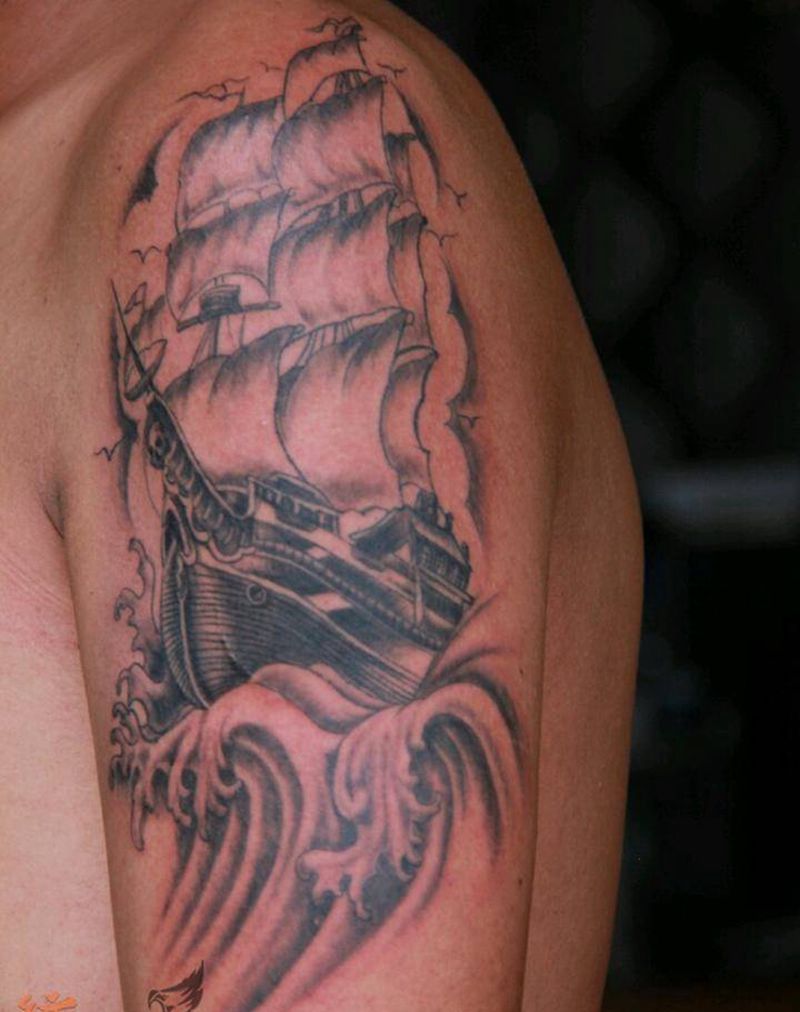 扬帆起航纹身图片_肩部背部手臂腿部欧美传统写实国画静物情侣纹身图案