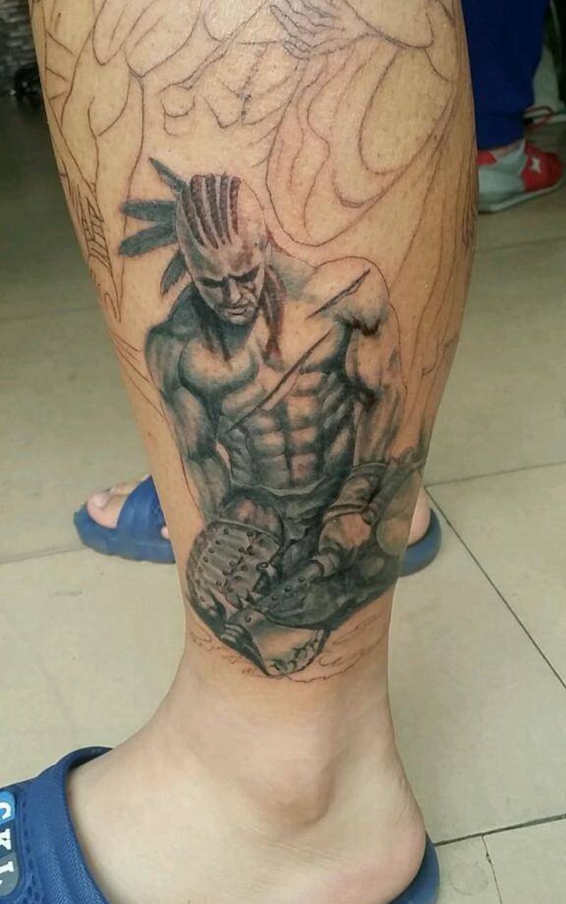 生与死纹身图片_腿部欧美肖像人物鬼神纹身图案