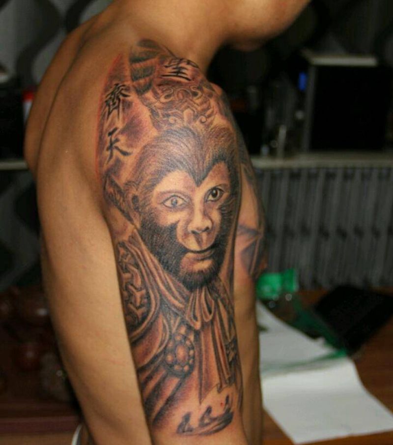 美猴王会如来佛祖纹身图片_肩部手臂传统肖像写实人物原创纹身图案