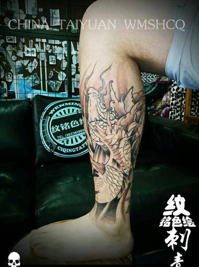 未完成，包小腿，鲤鱼荷花纹身图片