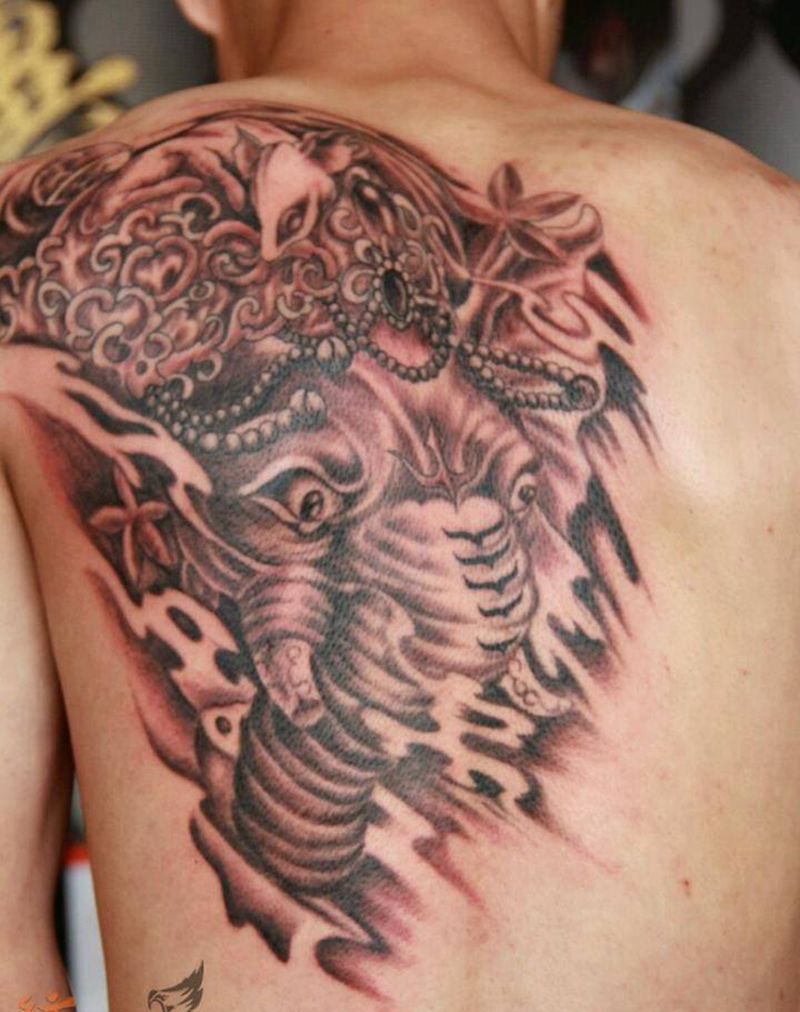 象神纹身图片_肩部背部腿部欧美传统清新写实动物鬼神原创纹身图案