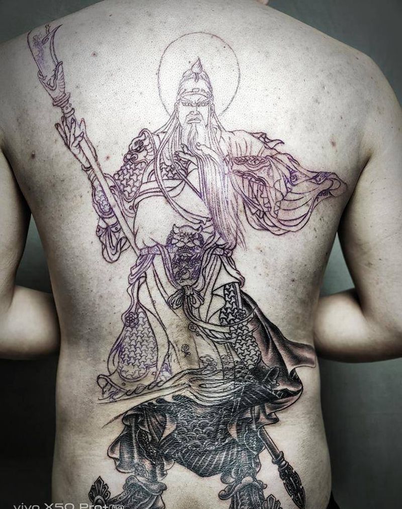 关公盘龙纹身图片_背部新传统纹身图案