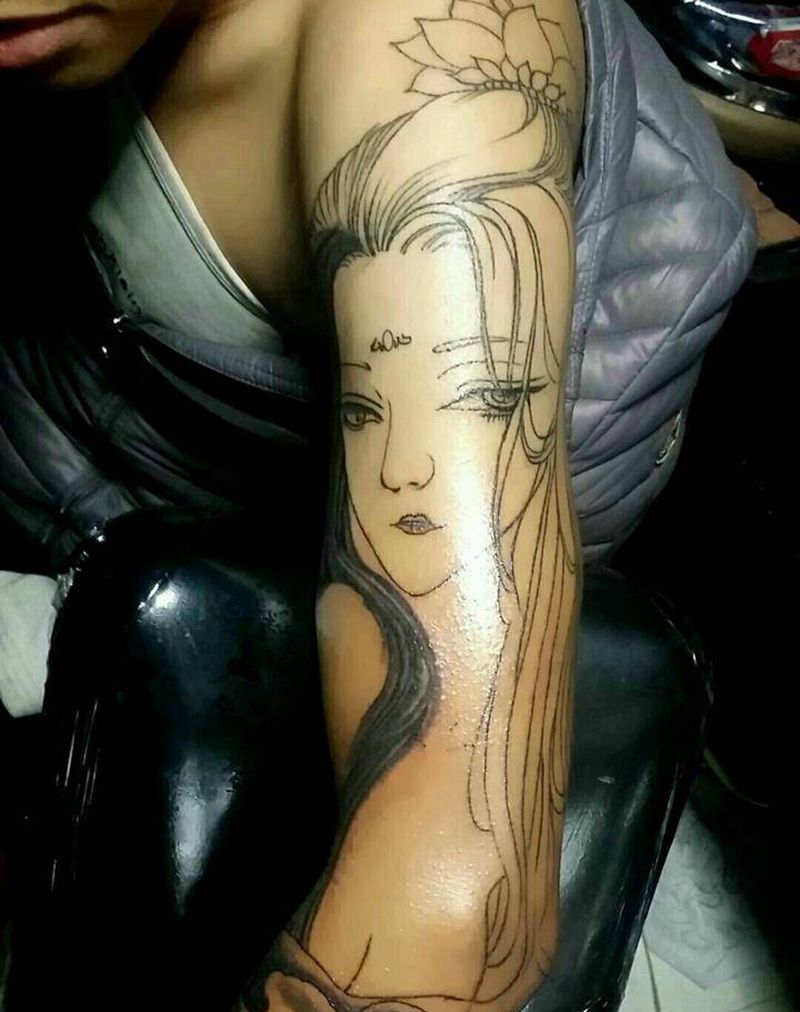 艺妓花臂纹身图片_肩部手臂传统人物植物成品手稿纹身图案