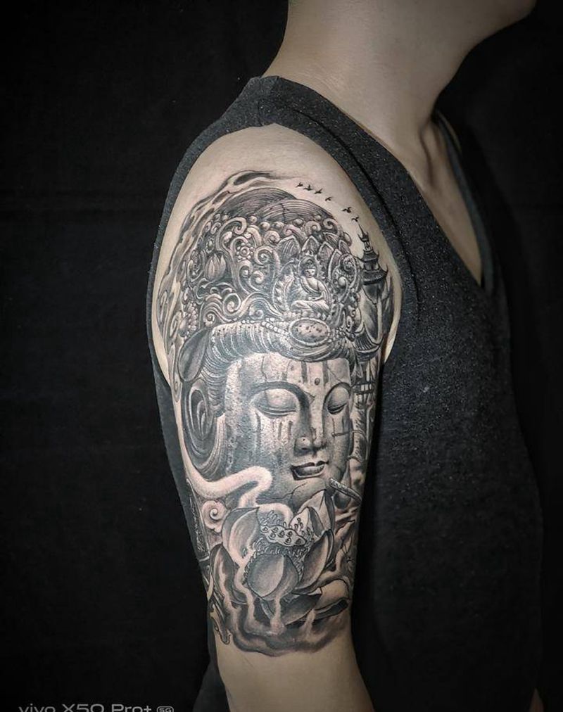 石雕普贤菩萨纹身图片_手臂肩部新传统纹身图案