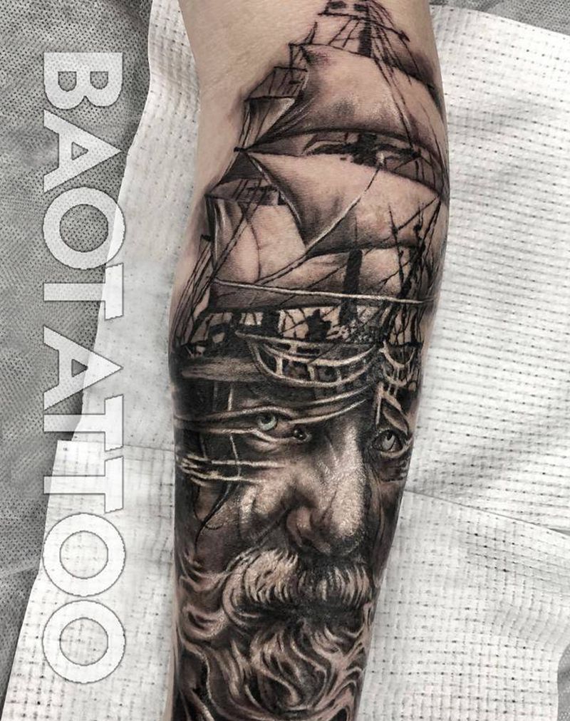 海神纹身图片_手部手臂欧美写实纹身图案