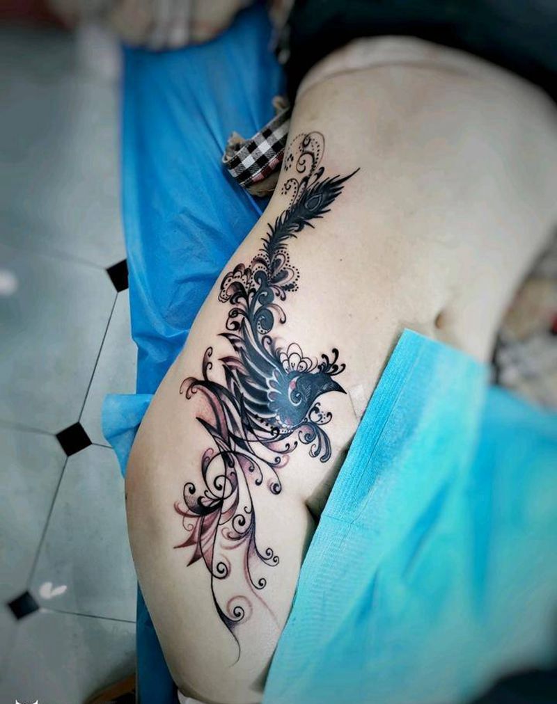 遮盖修改作品纹身图片_腹部臀部几何花体字纹身图案