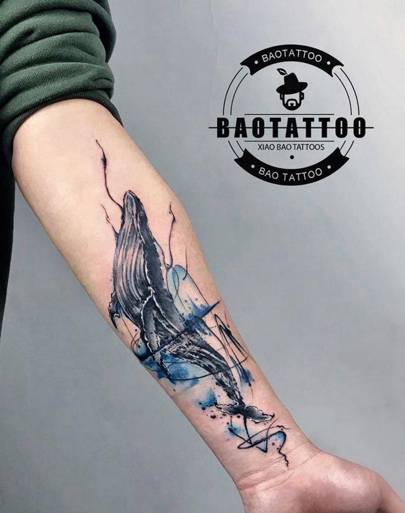 鲸鱼纹身图片_手臂水墨纹身图案