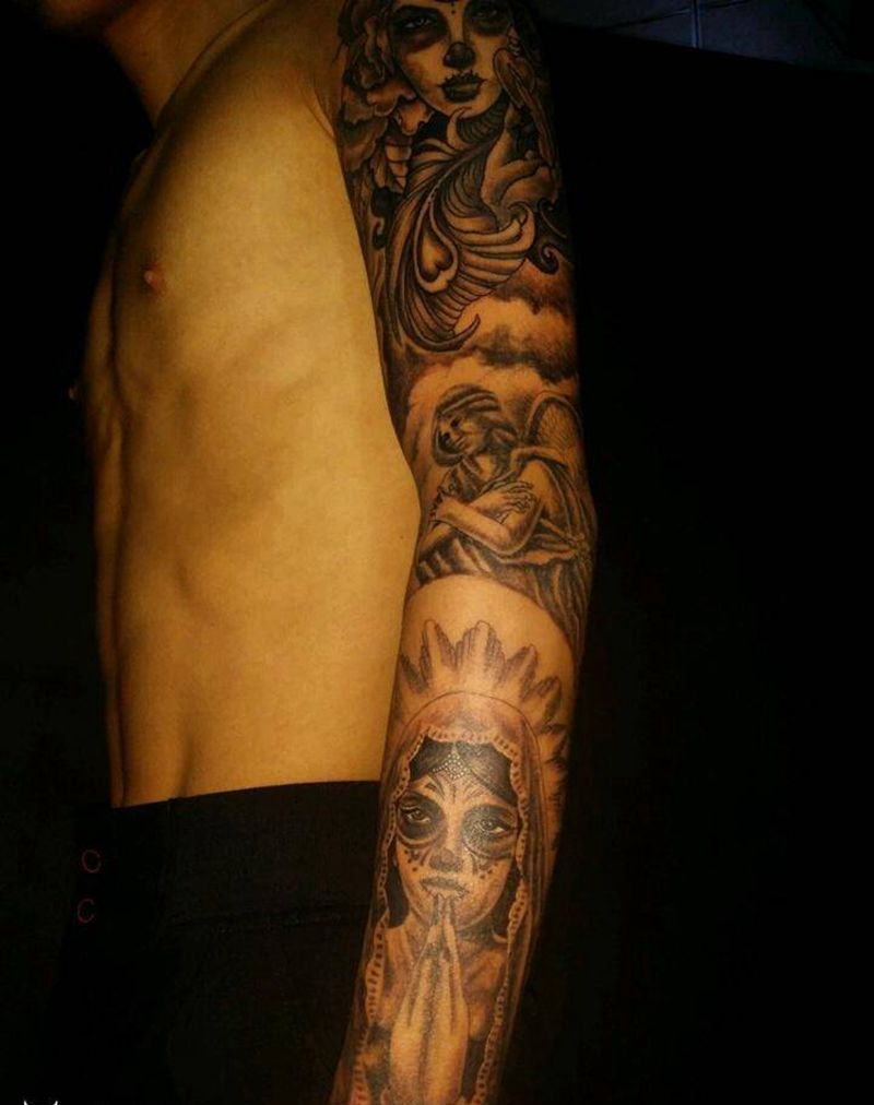 欧美花臂纹身图片_肩部手臂手部欧美写实人物植物静物成品手稿纹身图案