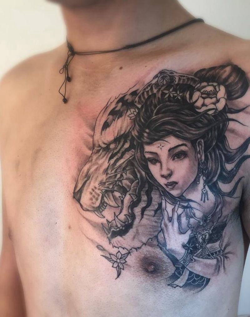 老虎艺伎纹身图片