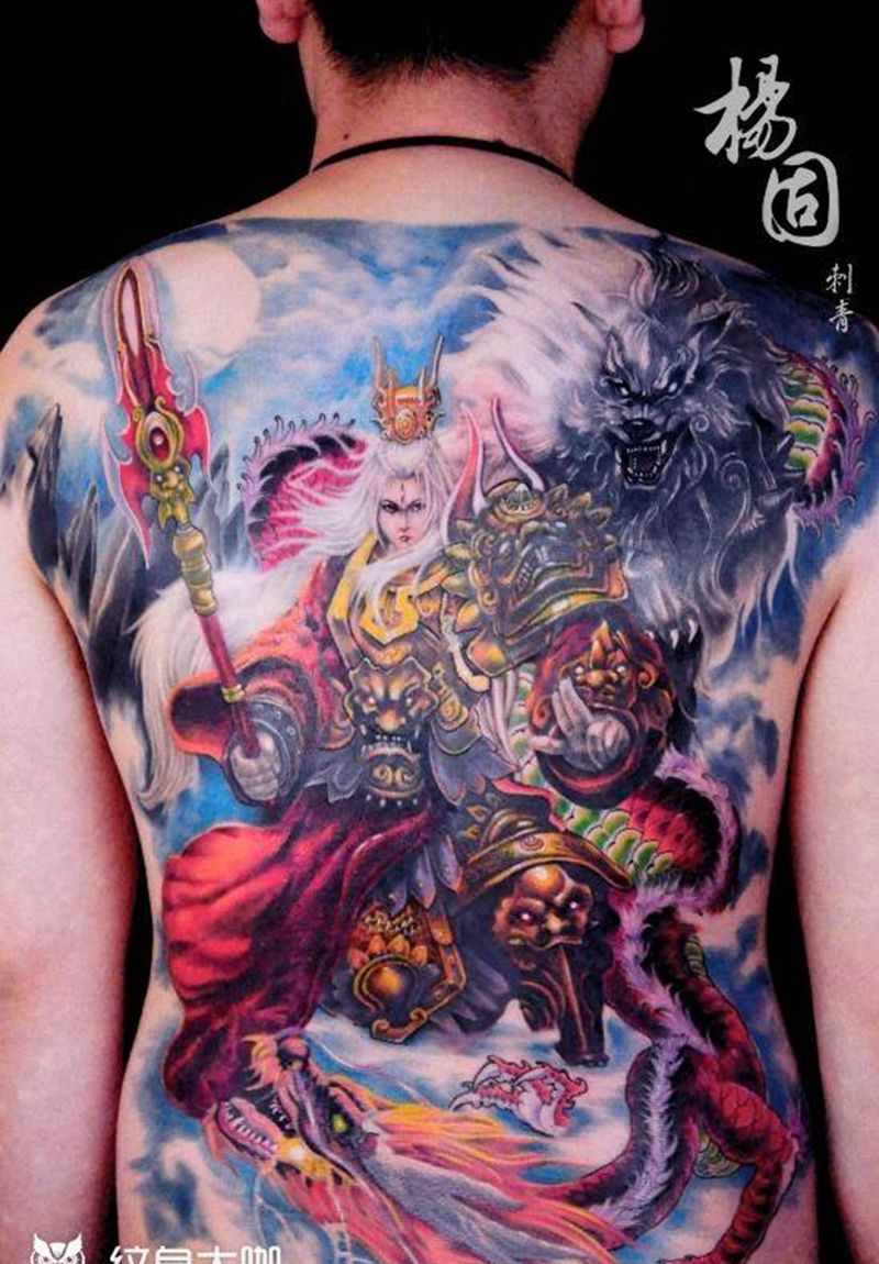 二郎神纹身图片_背部欧美写实新传统二郎神满背二郎神山西纹身纹身图案