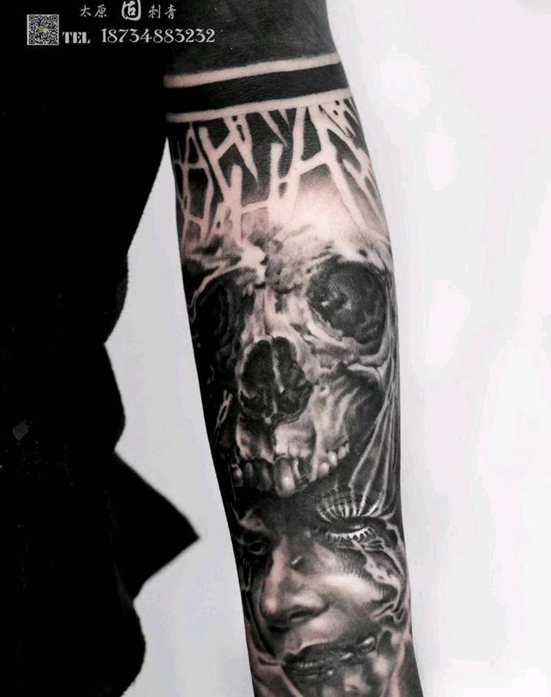 哈哈哈哈哈哈纹身图片_手臂欧美写实骷髅花臂欧美包小臂纹身图案