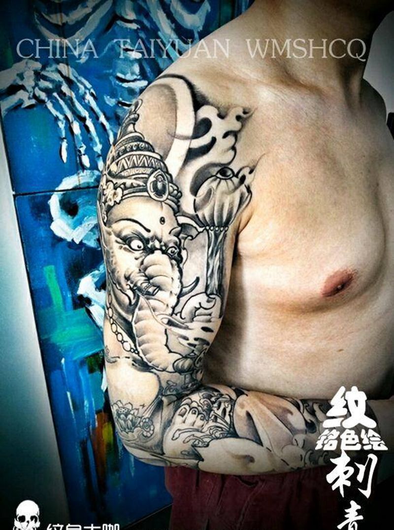 象神花臂纹身图片