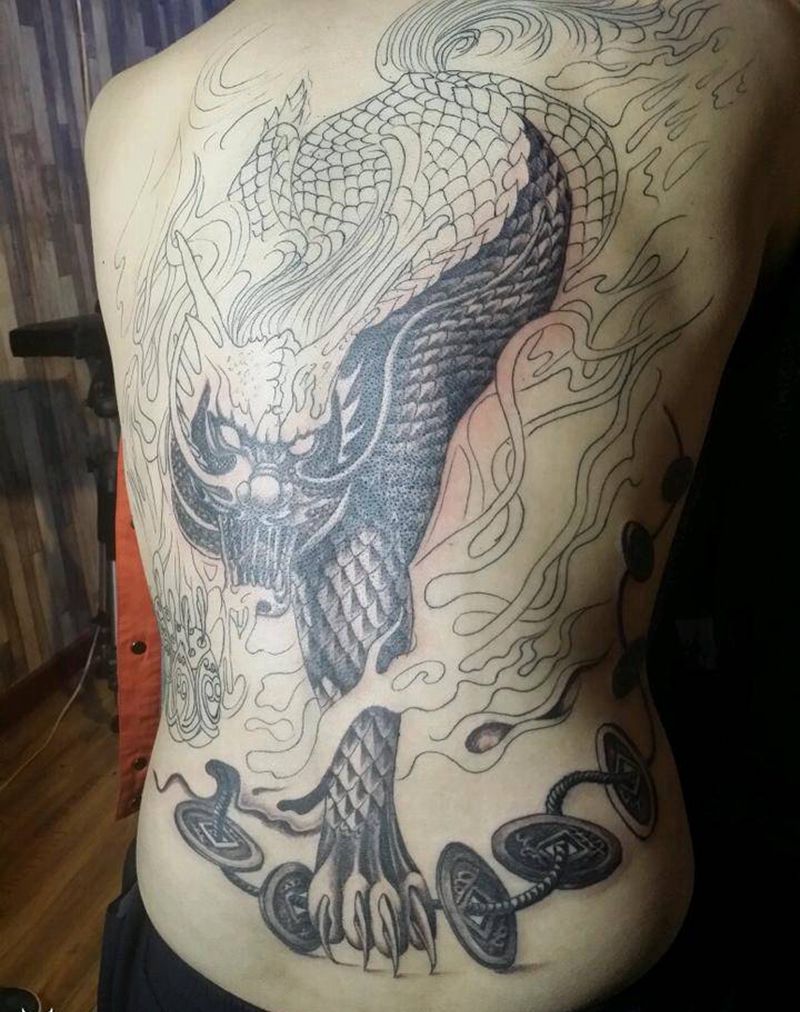 招财麒麟纹身图片_背部传统动物鬼神成品手稿纹身图案