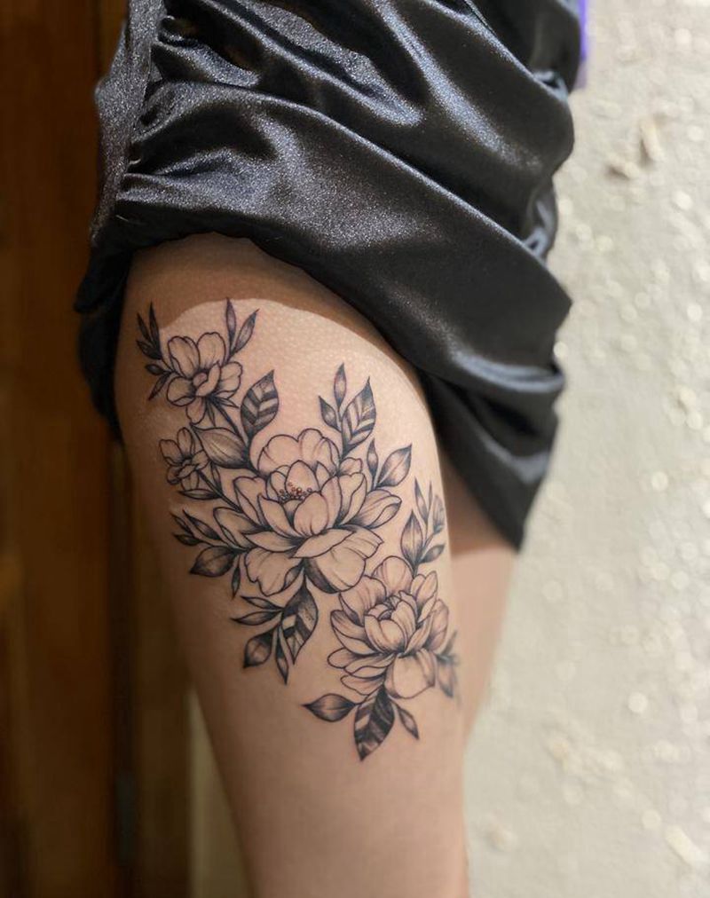 素花纹身图片_腿部小清新纹身图案