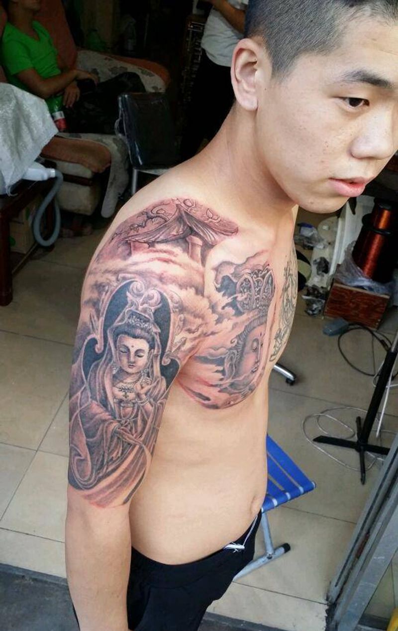 蟠桃会纹身图片_肩部胸部传统人物鬼神成品纹身图案