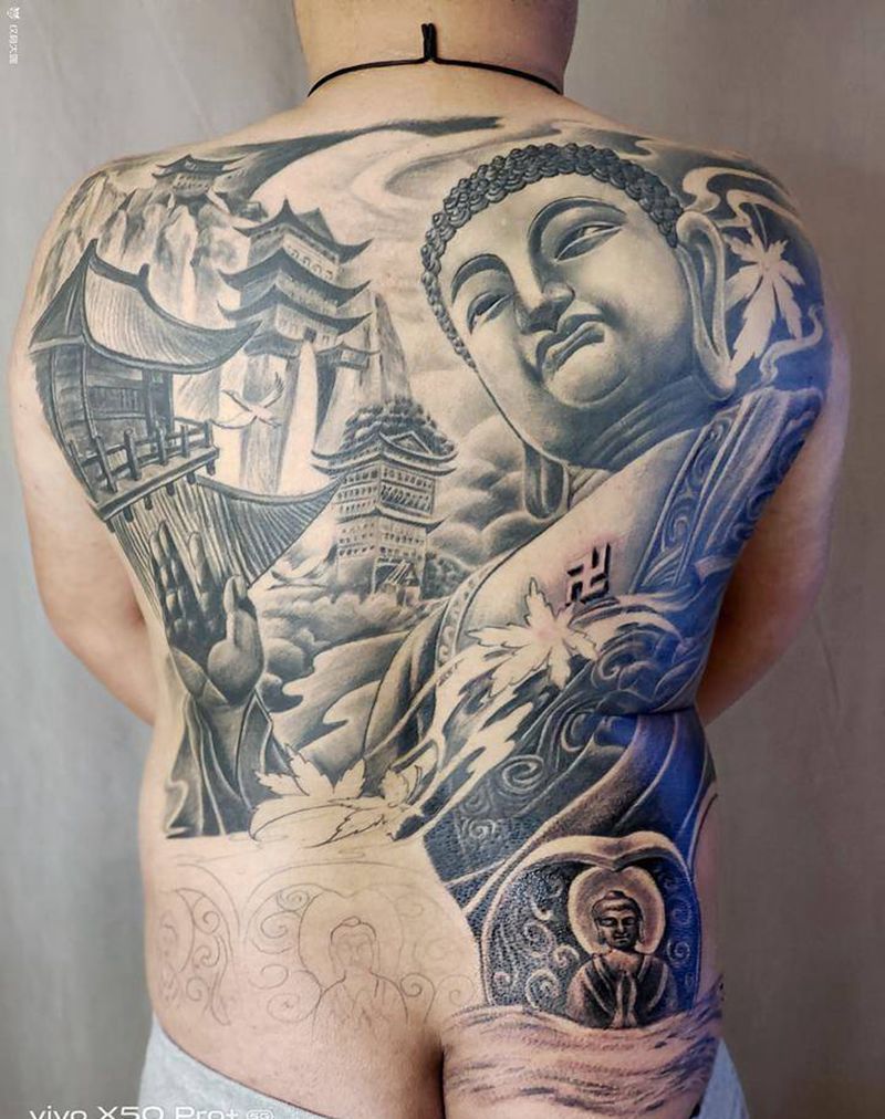 大日如来纹身图片_背部新传统纹身图案