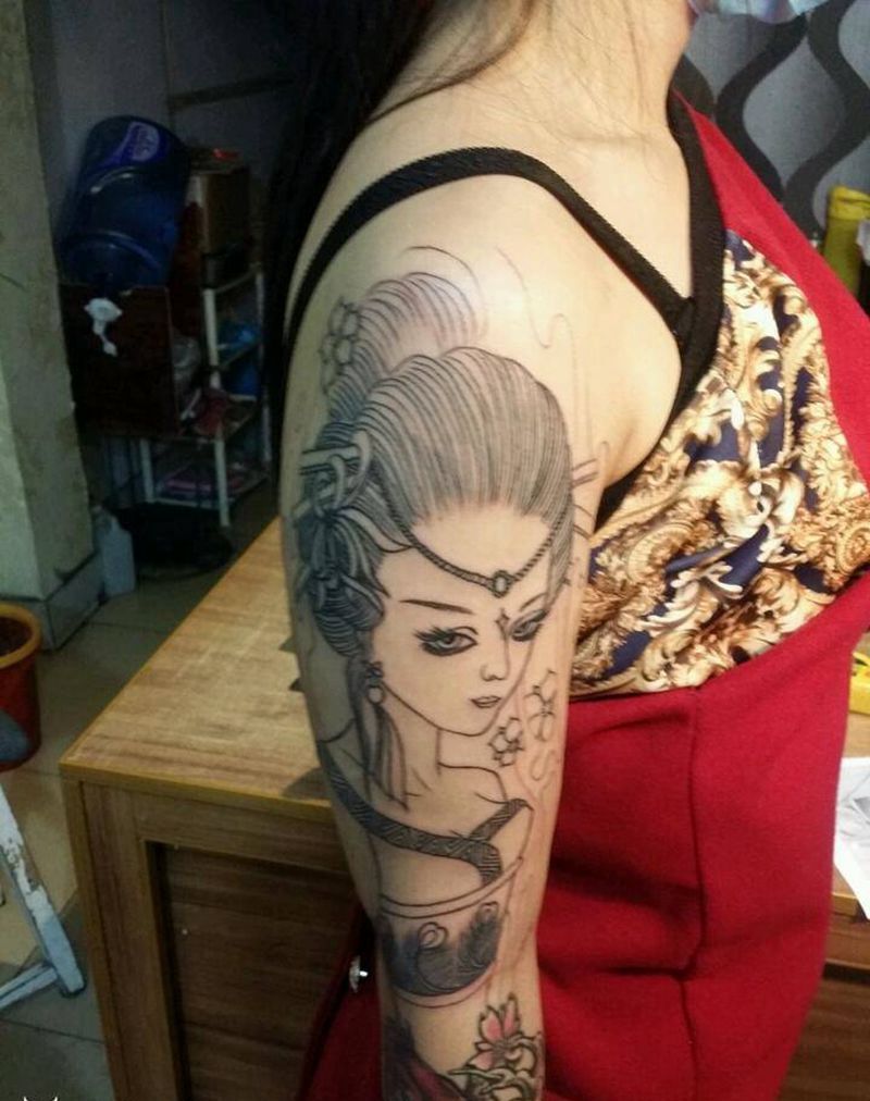 艺妓花臂未完成纹身图片_手臂传统习俗清新写实动物人物植物纹身图案