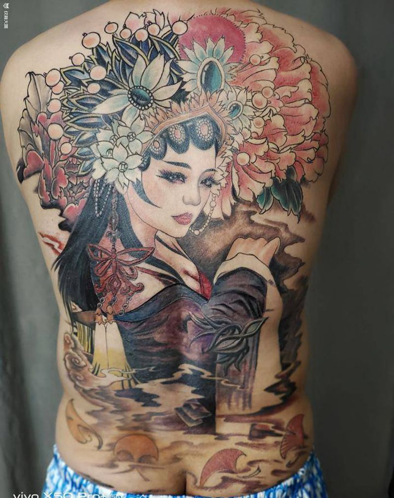 牡丹亭纹身图片_背部新传统纹身图案