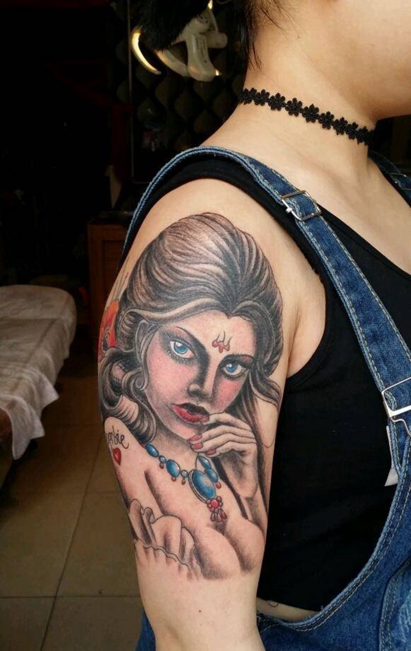 蓝色妖姬纹身图片_肩部胸部背部手臂腿部手部欧美肖像人物成品纹身图案